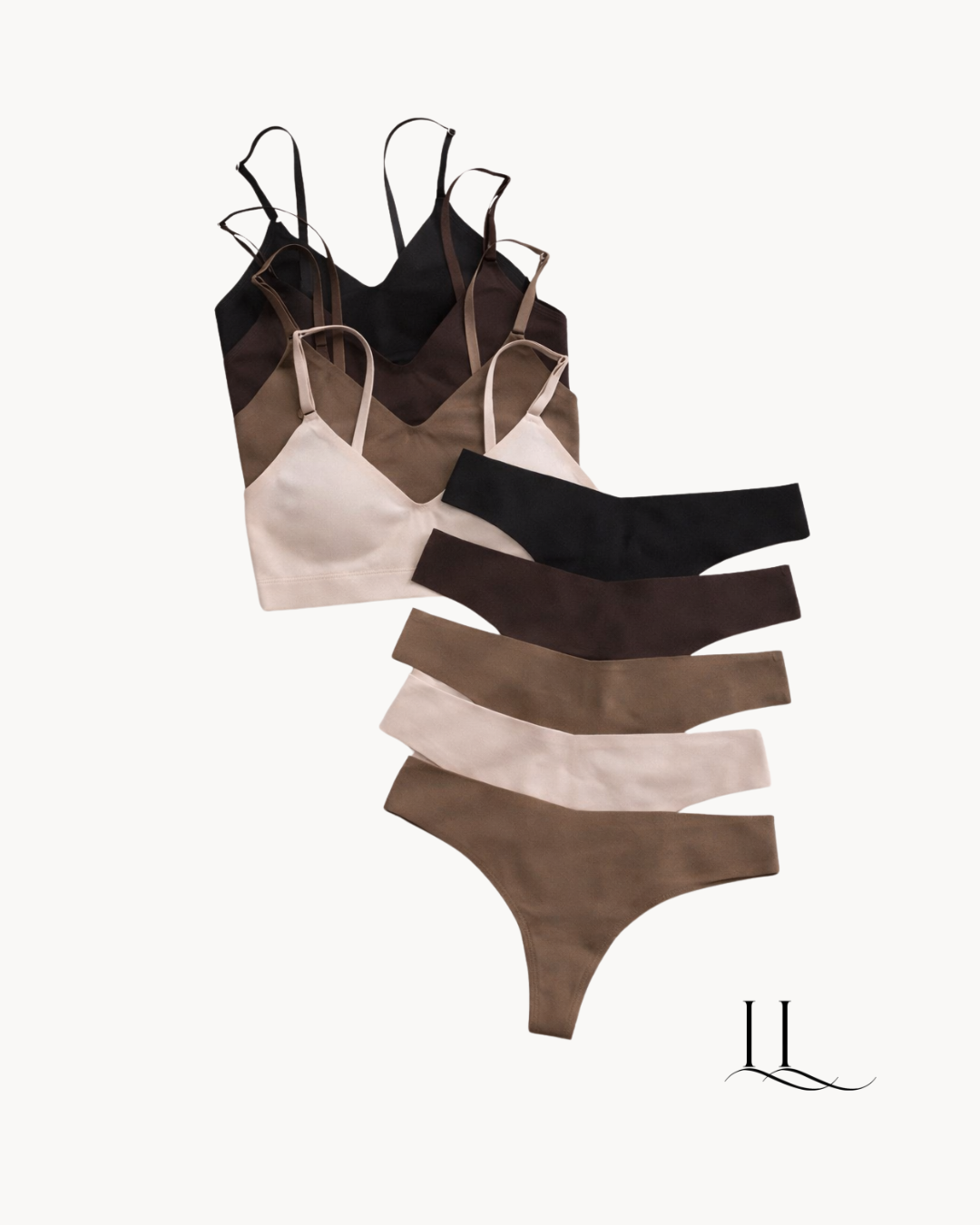 Kit de conjuntos de lingerie ELLEVE com top e calcinha em cores neutras sofisticadas. Conforto, leveza e design minimalista. Compre na uselleve, loja oficial ELLEVE em uselleve.com.