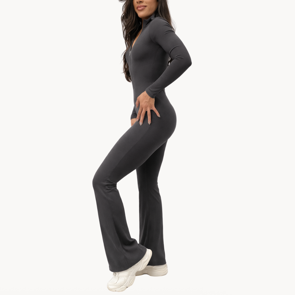 Macaquinho flare cinza ELLEVE SCULPY com modelagem que valoriza o corpo e efeito segunda pele. Elegante, confortável e versátil. Compre na uselleve, loja oficial ELLEVE em uselleve.com.