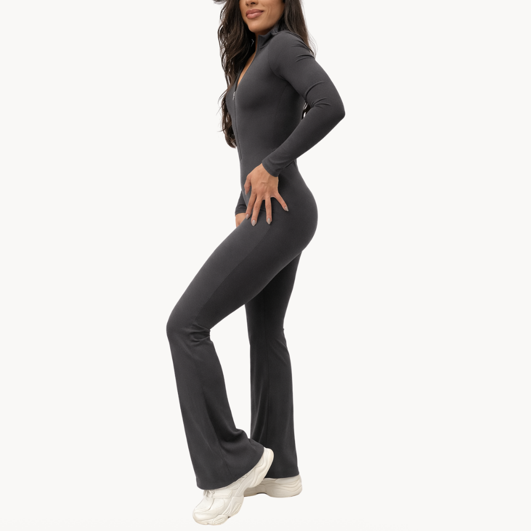 Macaquinho flare cinza ELLEVE SCULPY com modelagem que valoriza o corpo e efeito segunda pele. Elegante, confortável e versátil. Compre na uselleve, loja oficial ELLEVE em uselleve.com.
