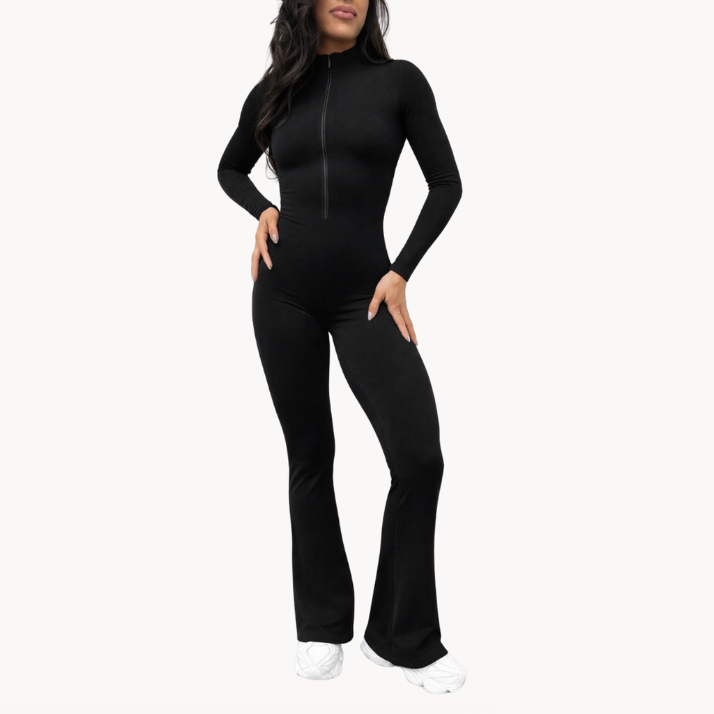 Macaquinho flare feminino preto ELLEVE SCULPY com manga longa e modelagem segunda pele. Elegante, confortável e versátil. Compre na uselleve, loja oficial ELLEVE em uselleve.com.